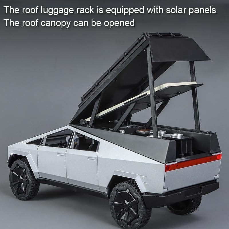 EROCK 1:24 Tesla Camping RV car Model Toys, Tesla Pickup Truck Model with Sound and Light Function, Adults and Kids. (Tesla Camping RV Silver) - Image 4
