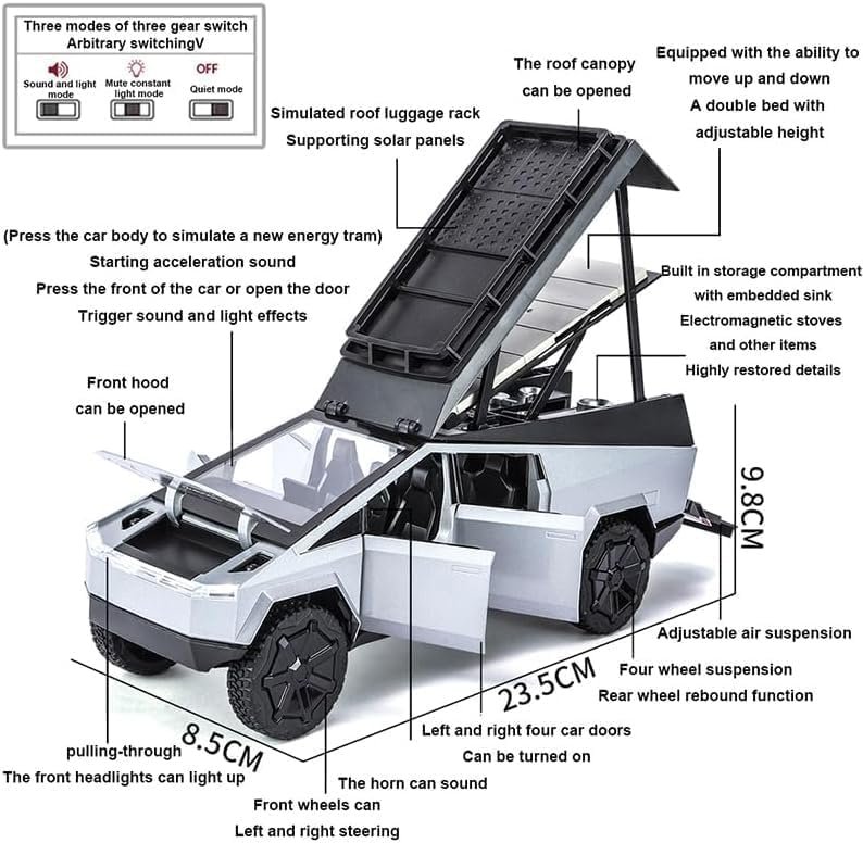 EROCK 1:24 Tesla Camping RV car Model Toys, Tesla Pickup Truck Model with Sound and Light Function, Adults and Kids. (Tesla Camping RV Silver) - Image 7