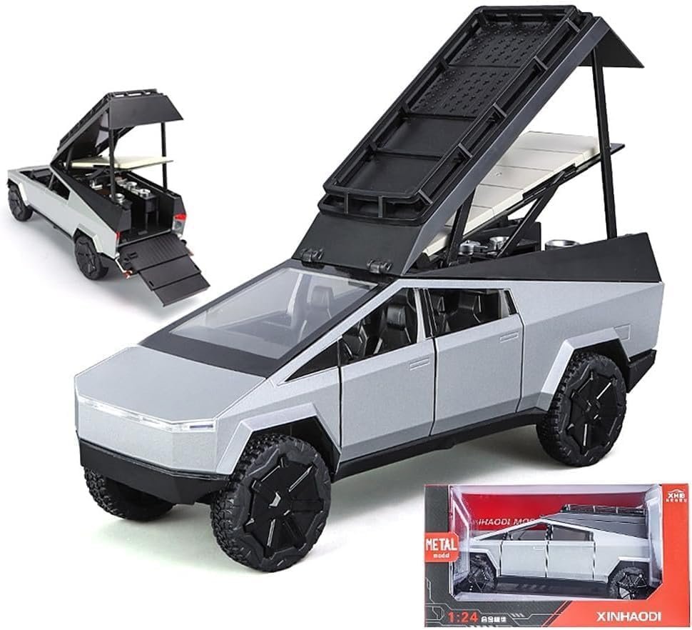 EROCK 1:24 Tesla Camping RV car Model Toys, Tesla Pickup Truck Model with Sound and Light Function, Adults and Kids. (Tesla Camping RV Silver)