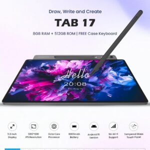 Oteeto TAB 17 Android Tablet, 11-inch Display, 8GB RAM, 512GB Storage, 8000mAh Battery, 5G Wi-Fi, with Keyboard Case & Stylus, Grey