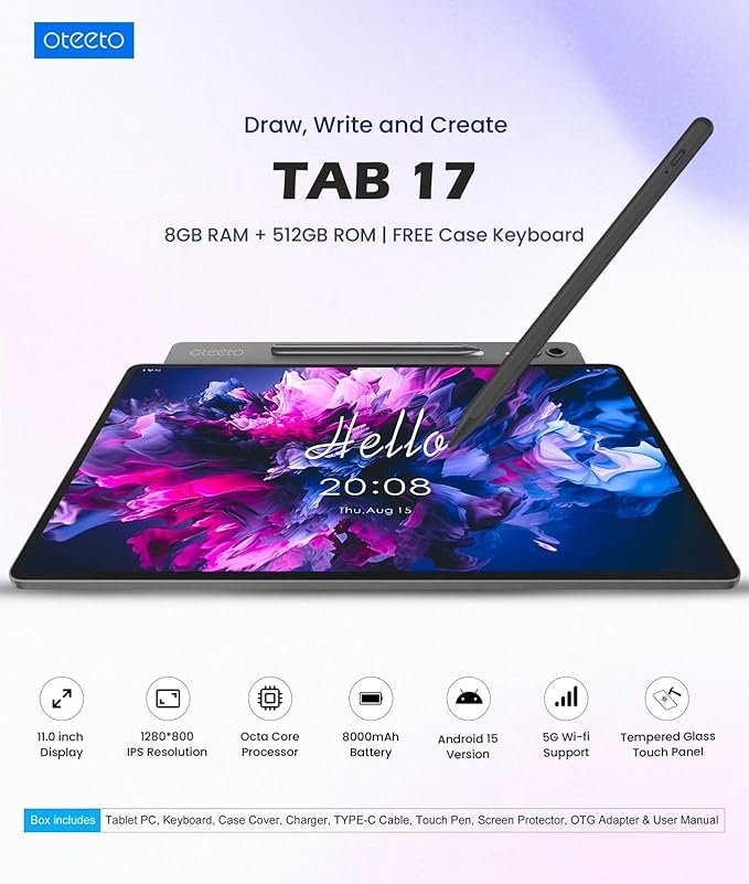 Oteeto TAB 17 Android Tablet, 11-inch Display, 8GB RAM, 512GB Storage, 8000mAh Battery, 5G Wi-Fi, with Keyboard Case & Stylus, Grey - Image 3